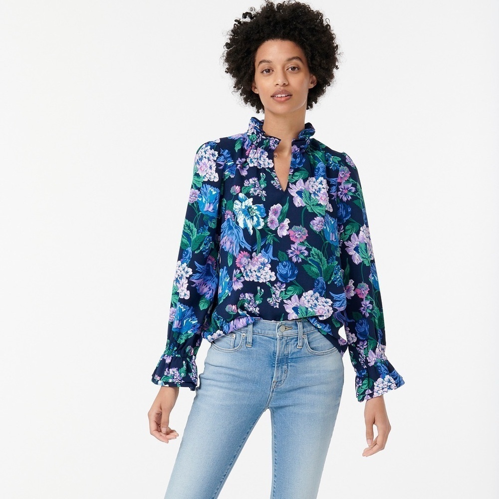 J Crew • Ruffleneck Top in Floral 365 Crepe navy blue purple ruffle blouse